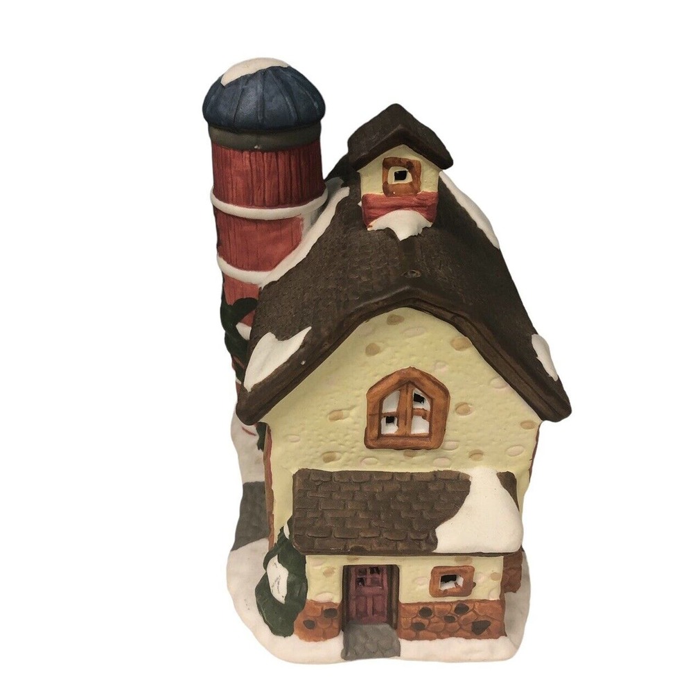 Ceramic Christmas Village Small Barn with Red Silo Snowy Accents 6.5" Decoration